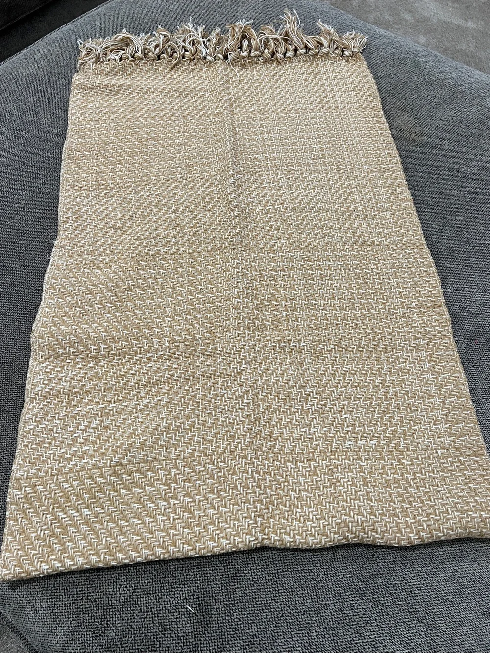 Beige Woven Cotton Runner with Fringe